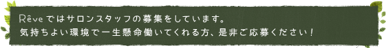 レイヴではサロンスタッフの募集をしています。気持ちよい環境で一生懸命働いてくれる方、是非ご応募ください！